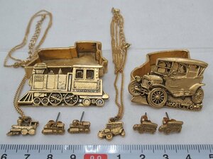 P0704 金属製 機関車 クラシックカー ネックレス ピアス ブローチ 6点 アクセサリー