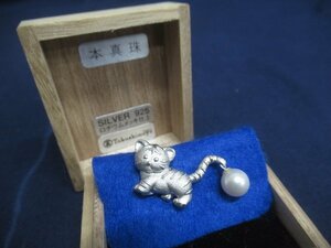 M1065 Silver 925 ロジウムメッキ 本真珠 寅 虎 干支 タイタック ピン 高島屋 桐箱 6g