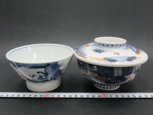 D732 伊万里 染錦 山水風景図 蓋茶碗 染付 釣り人物文 茶碗