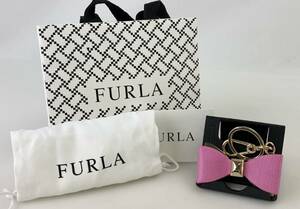 【美品】K2451 FURLA フルラ キーホルダー レザー リボン モチーフ ピンク ゴールド チャーム キーリング 保存袋 ショップ袋あり