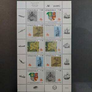 165ベネズエラ切手　「コロンブスのアメリカ大陸発見500年記念切手10枚中型シート」 1991年発行 未使用美品