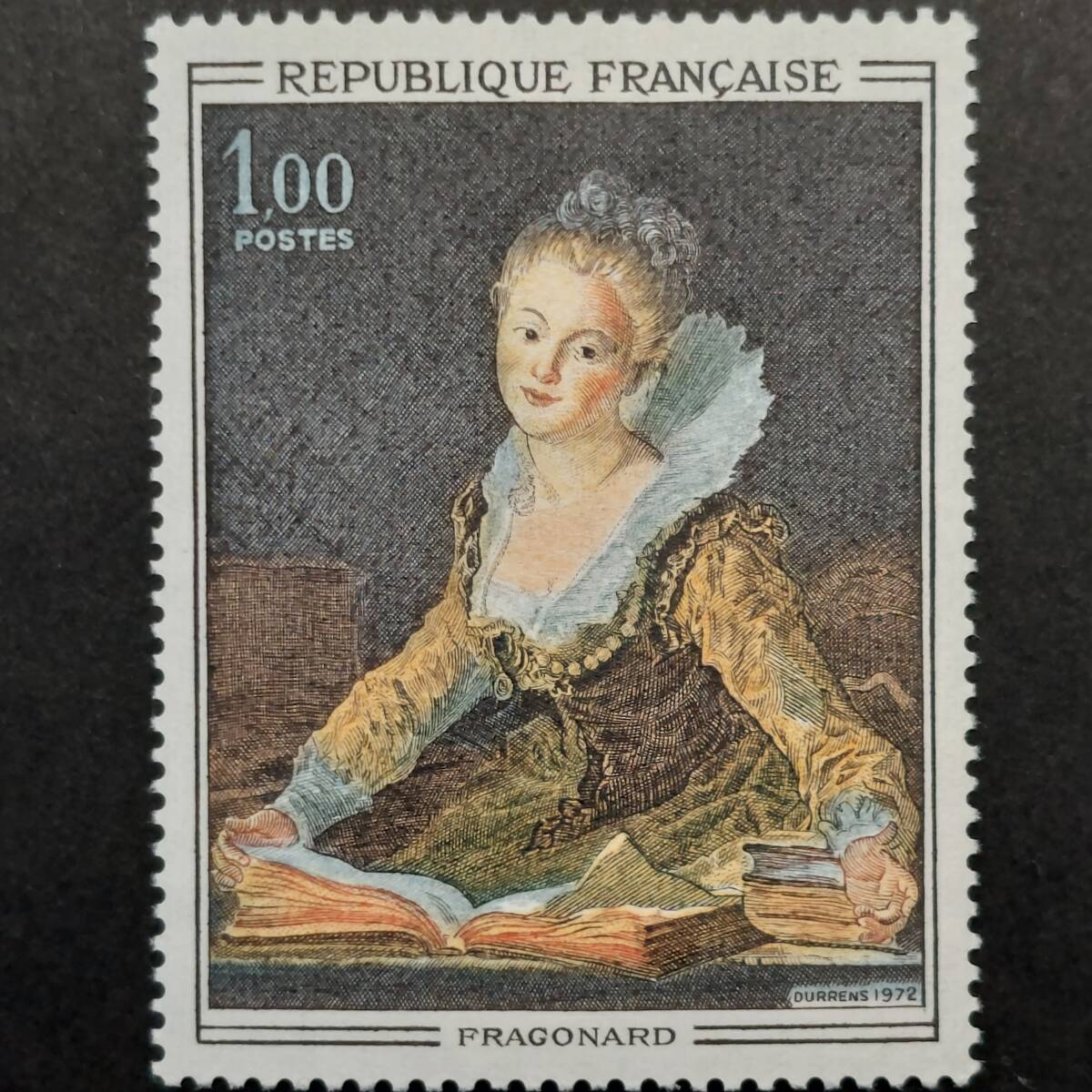 J231 Französische Briefmarke, Kunststempel, „Die Studie des französischen Rokoko-Malers Fragonard: Platz 41 unter den Top 50 der Gemälde-Briefmarken (ausgewählt von der Philatelie), herausgegeben 1972, unbenutzt, Antiquität, Sammlung, Briefmarke, Postkarte, Europa