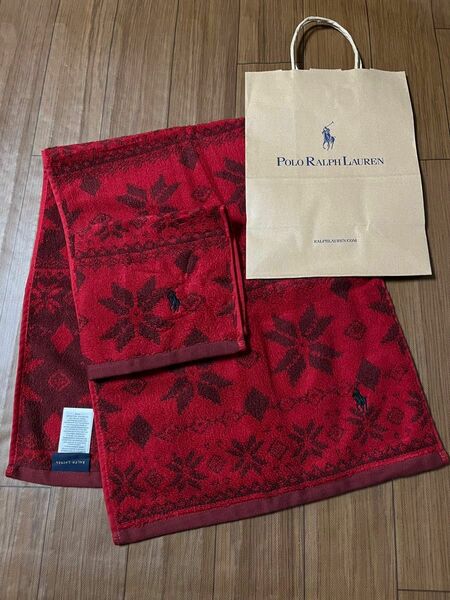 【新品】POLORALPH LAUREN フェイスタオル&ウォッシュタオルセット レッド　手提げ袋付き