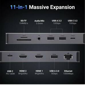 【開封のみ】UGREEN ★Revodok Pro 211 USB-Cハブ 11 in 1 2*HDMI 4K@60Hz出力 ドッキングステーショ 8K@30Hz 100W Power Deliveryの画像2