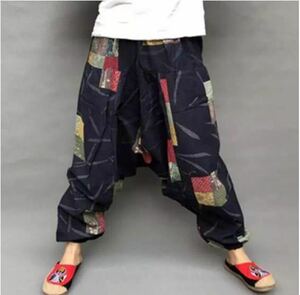  new goods Asian peace pattern navy ethnic sarouel pants Aladdin pants Dance yoga waist rubber men's lady's 