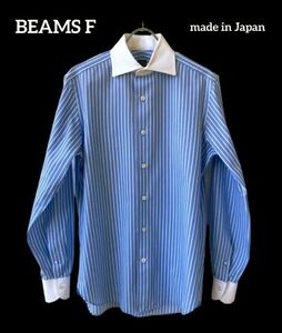 BEAMS F ワイドカラー ストライプ クレリックシャツ 38 ライトブルー