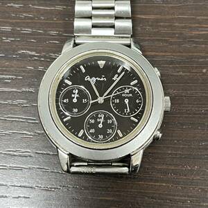 【4337】ジャンク agnes b. アニエスベー クォーツ 腕時計 黒文字盤 クロノグラフ ラウンド ケースシルバー メンズ V654-6100