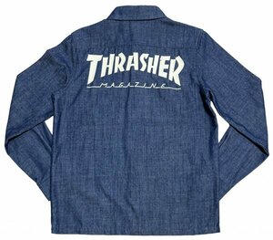 美品 THRASHER スラッシャー 胸 ロゴ 刺繍 バック プリント 長袖 デニム シャツ / ワーク シャツ SK8 スケート