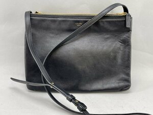 CELINE セリーヌ トリオ レザー ショルダーバッグ ポシェット トリプルジップ 黒[03-3360