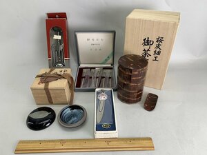 銀製品　桜皮細工　守比古　鉄釉　銀七宝等　カトラリー　食器等まとめ　共箱　　自宅保管品[03-3325