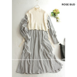 ローズバッド ROSE BUD ★大人可愛い♪コットンリブニットベスト切替えドッキングロング丈ストライプシャツワンピース