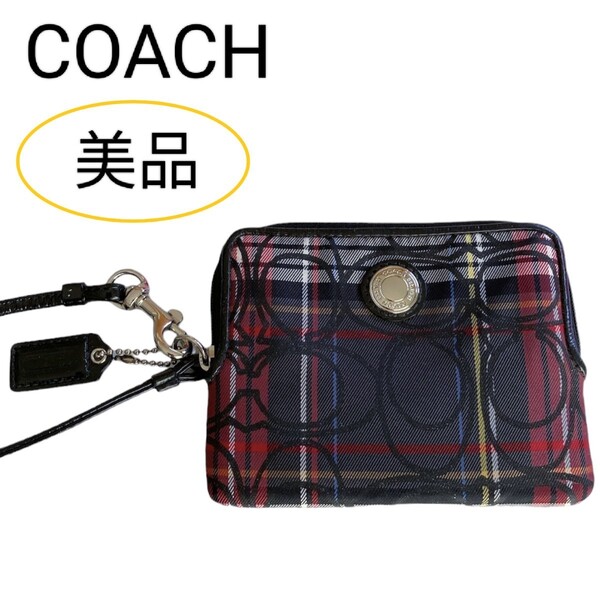 美品 COACH poppy ラメ シグネチャー ミニポーチ ミニ財布 小物入れ 小銭入れ カード入れ チェック柄 黒 赤 シルバー ポーチ コーチ