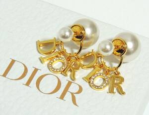 □　Christian Dior　ディオール　トライバルパールピアス　ロゴ　ラインストーン　チャーム　ゴールド　箱、保存袋付き　中古品　③