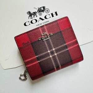 COACHコーチ折りたたみ財布レディースのレッド色新商品財布