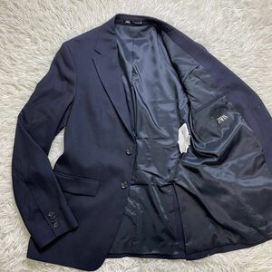 美品48 L相当ザラ 紺ブレ ZARA テーラードジャケット ネイビー 紺色 メンズ 2B ウール レーヨン 総裏地 ビジネス アンコン ブレザー