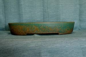 KAKE4081　和鉢　人気作家　古い鴻陽　　手作り　緑釉内縁楕円　W３５ｃｍ
