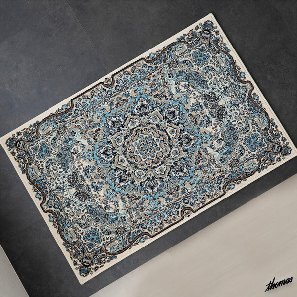 ◆足元から伝わる芸術品のような美しさ◆ ラグマット 70×120cm ペルシャ絨毯風 高密度 インテリア 新生活 模様替え アイボリーブルー