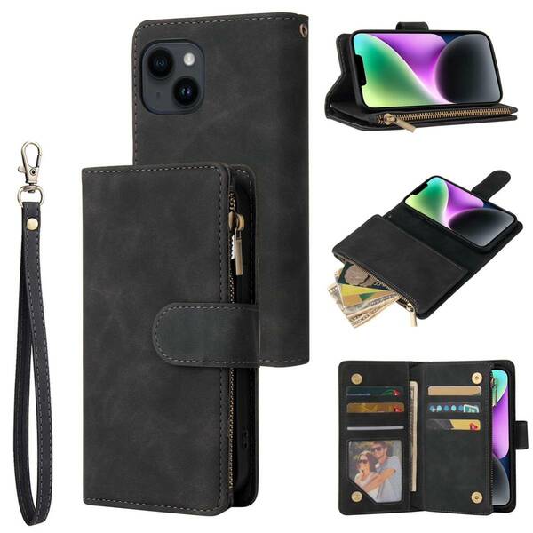 iPhone 15 ケース アイフォン15 レザーケース iPhone15 カバー 手帳型 お財布付き カード収納 ストラップ付き ブラック