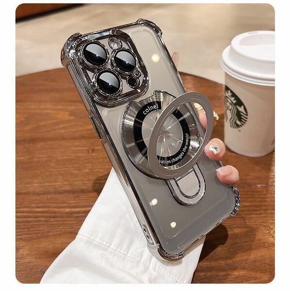 iPhone 15 クリアケース アイフォン15 ケース iPhone15 カバー 透明 メッキ加工 耐衝撃 レンズ保護 スタンド付き MagSafe充電 選べる5色 s