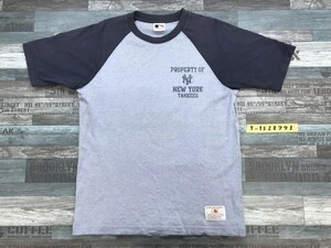 MLB NYヤンキース メンズ ロゴプリント ラグラン 半袖Tシャツ S 杢ブルー