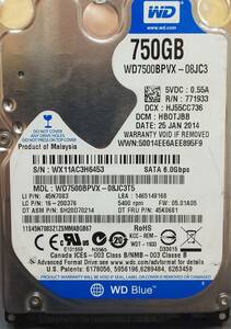 240215 WD 2.5インチ SATA 750GB HDD WD7500BPVX-08JC3T5 9.5mm