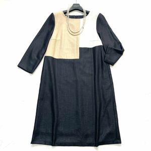 【極美品】大きいサイズ11*L レリアンLeilian 春先に さらっと上品配色ワンピース ゆったり セレモニーにも ブラック黒 切替 バイカラー