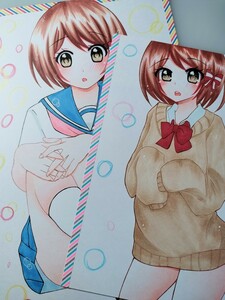 同人手描きイラスト 蒼井結衣 セーラー服 ニット パンチラ 2枚セット B5サイズ＋A5サイズ