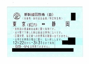 ◆送料無料◆　新幹線　回数券　自由席　東京（都区内）←→静岡　2024年3月31日まで