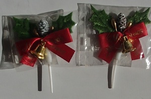 730/料理飾り 菓子 ケーキ クリスマスピック/Merry Christmas文字レッドリボン/ゴールドベル/柊(ヒイラギ) ゴールド実と果実×２セット