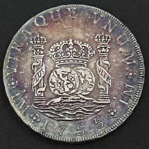 銀貨 1755年　8レアル　ピラーダラー銀貨　カルロス3世 スペイン領メキシコ 1円銀貨　貿易銀　古銭　硬貨　コイン　一円銀貨