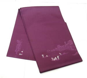 ▲(R602-B56)美品 正絹 八寸名古屋帯 紫地 人物 風景柄