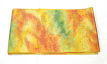▲(R602-B55)美品 正絹 八寸名古屋帯 からし色に緑やオレンジ 風景柄_画像2