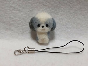 羊毛フェルト ハンドメイド 仔犬 シーズー グレーちゃん ストラップ 