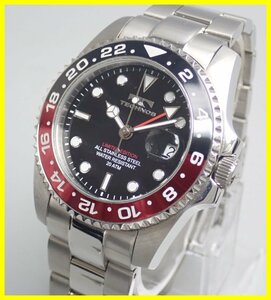 ★TECHNOS/テクノス GMT 限定モデル T2444BR クォーツ腕時計/黒文字盤/ステンレスベルト/付属品有り/ダイバーズウォッチ&0650300038