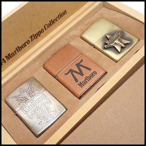 ★1円 未着火品 Zippo/ジッポー 1994 Marlboro Zippo Collection オイルライター 3点set/ロングホーンスター/革巻き/マルボロ&1844600054