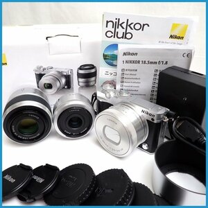 ★Nikon/ニコン 1 J5 ミラーレスカメラ ボディ + レンズ 3点セット/シルバー/1 NIKKOR 18.5mm F1.8 他/付属品多数/ジャンク扱い&1938900538