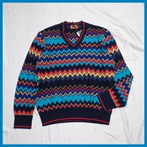 ★未使用 MISSONI/ミッソーニ 長袖ニット/セーター メンズS/ブルー系マルチカラー/シェブロンストライプ/ウール混コットン&1274701159_画像1