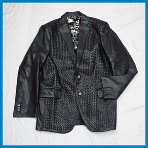 ◆美品 barassi/バラシ イントレチャート シープレザー テーラードジャケット 48/メンズM～L相当/ブラック/羊革&1111103255