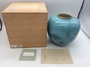 #2245 深川製磁 色絵 彩磁 芙蓉 夏型６号花生 共箱栞 花瓶 和インテリア 華道 フラワーベース 現状品