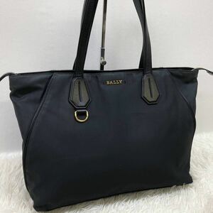 1円 【美品】 BALLY バリー トートバッグ ナイロン レザー 肩掛け ビジネス ロゴ金具 ブラック A4収納 メンズ 通勤 仕事鞄 ゴールド金具