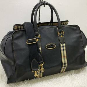 1円 【美品】 BURBERRY バーバリー ボストンバッグ ビジネス ブラック レザー 大容量 旅行 出張 ノバチェック 2way ゴールド金具 メンズ 黒