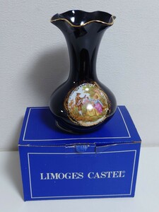 LIMOGES CASTEL リモージュキャッスル 花瓶 22K GOLD ネイビーカラー 紺系 花入 花挿 箱つき アンティーク　花器　金彩　