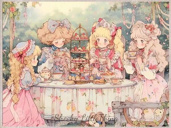 クロスステッチキット お茶会 (11CT、図案印刷あり)