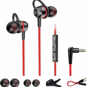 イヤホン 有線 マイク付き ゲーミングイヤホン 低音重視 HIFI音質 音量調整 3.5mm 重低音 リモコン付き クリア通話(RED)