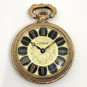 LUGRAN ウォッチ 手巻き 機械式 懐中時計 ネックレス ペンダント ローマン 2針 ゴールド 金 アンティーク ラグラン D134の画像1