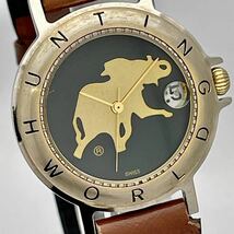 HUNTING WORLD ハンティングワールド ロゴデザイン 腕時計 ウォッチ クォーツ quartz ロゴベゼル デイト 金 ゴールド P25_画像4