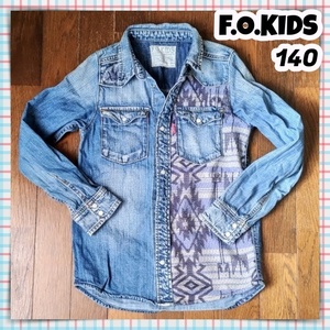 F.O.KIDS エフオーキッズ 140 デニムシャツ デニムジャケット ライトアウター 長袖 ウエスタンシャツ ダメージ加工 原宿 古着 韓国