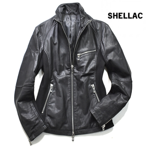 [ regular price 7 ten thousand ] shellac SHELLAC mountain sheep leather × knitted leather single rider's jacket men's L black black leather jacket beautiful goods 