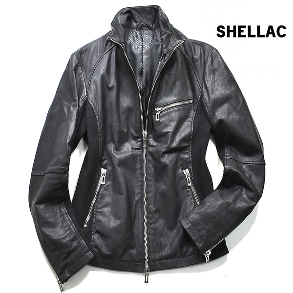 [定価７万] シェラック SHELLAC 山羊革 × ニット レザー シングル ライダースジャケット メンズL 黒 ブラック 革ジャン 美品