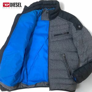 美品/L相当●DIESEL ディーゼル ライダース ダウンジャケット 素材切替 ブルゾン 極暖 軽量 中綿 ダウン90% グレー ブラック 黒 ブルー